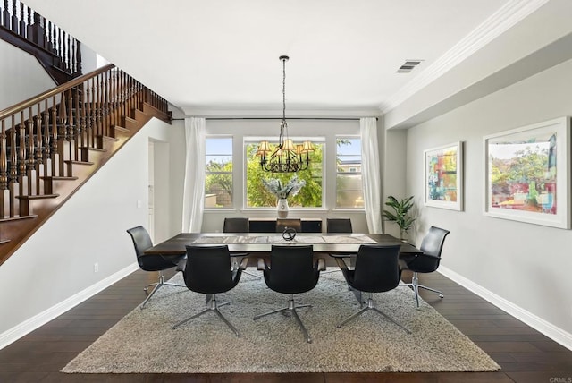 14220 Green Valley Ct, Scripps Miramar, CA 92131 - dining room featuring baseboards, ornamental molding, stairs, dark wood-style floors, and a chandelier