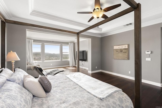 14220 Green Valley Ct, Scripps Miramar, CA 92131 - bedroom featuring ornamental molding, dark wood-style flooring, baseboards, a raised ceiling, and a ceiling fan