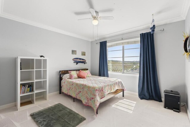 14220 Green Valley Ct, Scripps Miramar, CA 92131 - bedroom featuring crown molding, baseboards, a ceiling fan, and light carpet