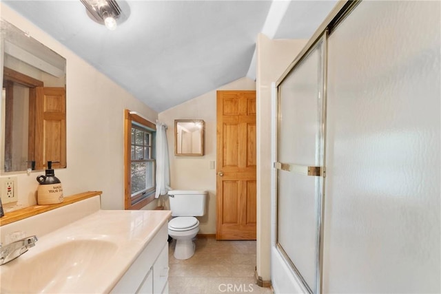 379 Dorn Dr, Crestline, CA 92325 - full bath with lofted ceiling, vanity, toilet, tile patterned flooring, and enclosed tub / shower combo