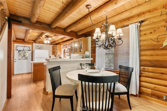 379 Dorn Dr, Crestline, CA 92325 - dining room with wood ceiling with exposed beams, healthy amount of natural light, light wood finished floors, a chandelier, and rustic walls