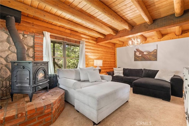 379 Dorn Dr, Crestline, CA 92325 - carpeted living room with a wood stove, wood ceiling with exposed beams, and rustic walls