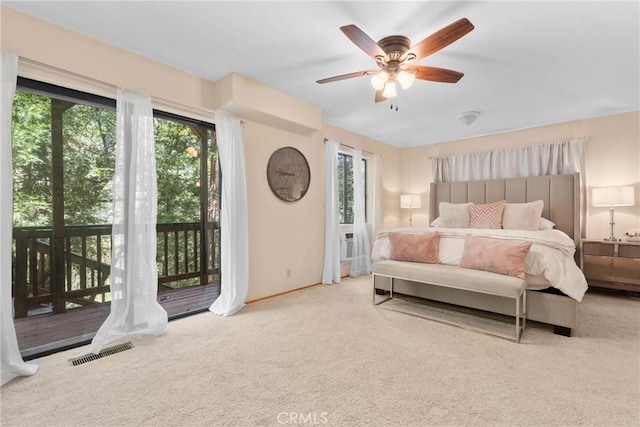 379 Dorn Dr, Crestline, CA 92325 - bedroom featuring access to outside, carpet floors, baseboards, and ceiling fan