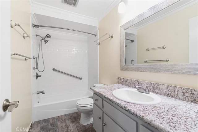 3603 W Hidden Ln Unit 317, Rolling Hills Estates, CA 90274 - bathroom with wood finished floors, vanity, toilet, bathtub / shower combination, and crown molding