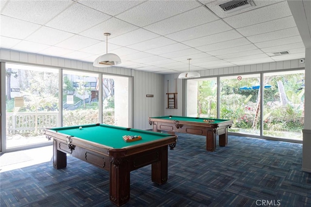 3603 W Hidden Ln Unit 317, Rolling Hills Estates, CA 90274 - rec room with carpet flooring, pool table, and a paneled ceiling
