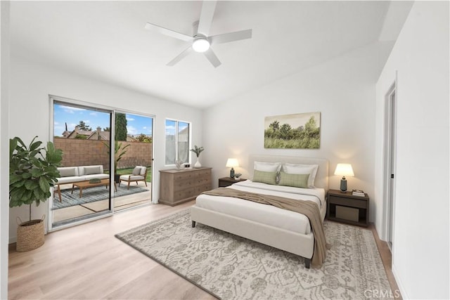 37109 Daisy St, Palmdale, CA 93550 - bedroom with access to exterior, wood finished floors, lofted ceiling, and a ceiling fan