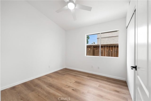 37109 Daisy St, Palmdale, CA 93550 - unfurnished bedroom featuring vaulted ceiling, light wood-type flooring, baseboards, and a ceiling fan