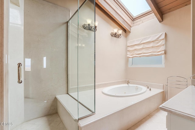4165 Ocean Dr, Oxnard, CA 93035 - bathroom featuring a jetted tub, tile patterned flooring, vanity, and a stall shower