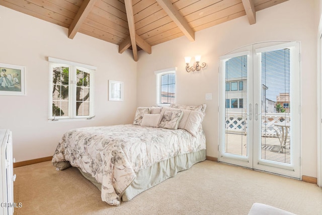 4165 Ocean Dr, Oxnard, CA 93035 - bedroom featuring access to exterior, french doors, light colored carpet, baseboards, and wood ceiling