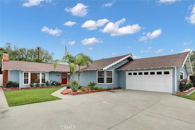12081 Martha Ann Dr, Los Alamitos, CA 90720 - ranch-style home with an attached garage, concrete driveway, a front yard, a chimney, and roof with shingles