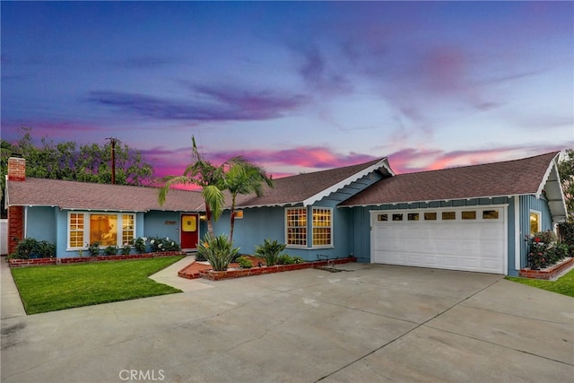 12081 Martha Ann Dr, Los Alamitos, CA 90720 - single story home featuring a garage, driveway, a lawn, a shingled roof, and a chimney