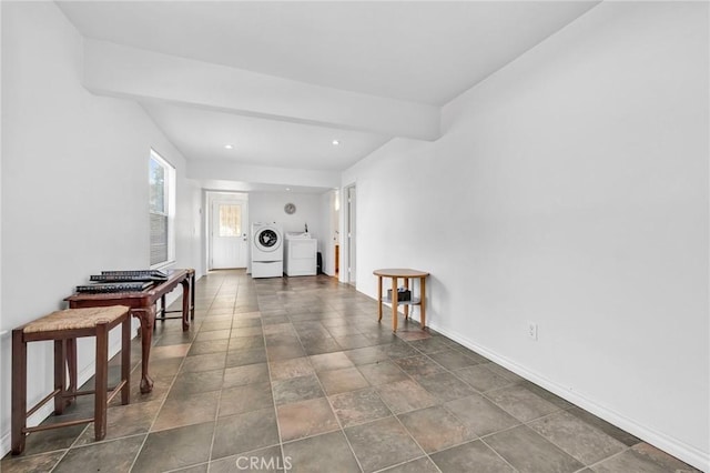 1107 Tennent Ave, Pinole, CA 94564 - living room with washer and clothes dryer, baseboards, recessed lighting, and dark stone finish floors