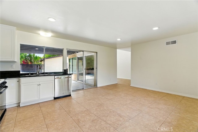 11340 Reseda Blvd, Porter Ranch, CA 91326 - kitchen featuring dishwasher, a sink, dark countertops, white cabinetry, and recessed lighting
