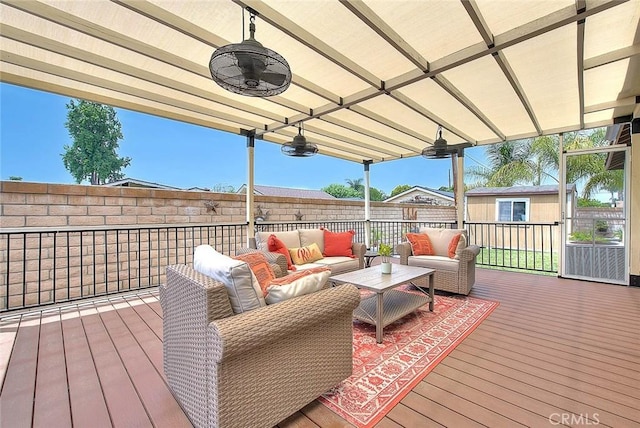 4451 Terry St, Chino, CA 91710 - wooden terrace featuring an outdoor living space, a fenced backyard, and an outdoor structure