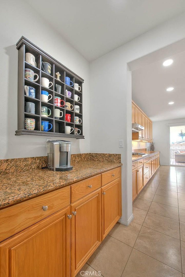 4451 Terry St, Chino, CA 91710 - bar area featuring under cabinet range hood, light tile patterned floors, and recessed lighting