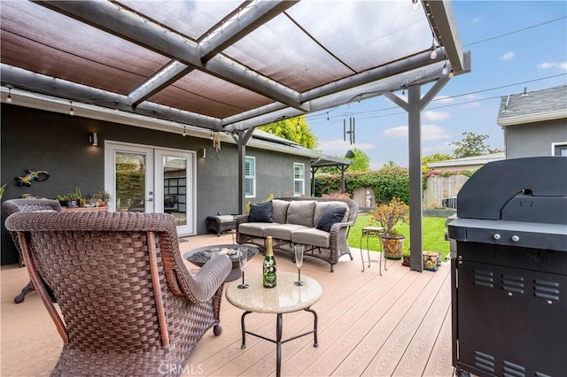 6320 E Los Santos Dr, Long Beach, CA 90815 - wooden terrace with french doors, an outdoor living space, grilling area, and a pergola