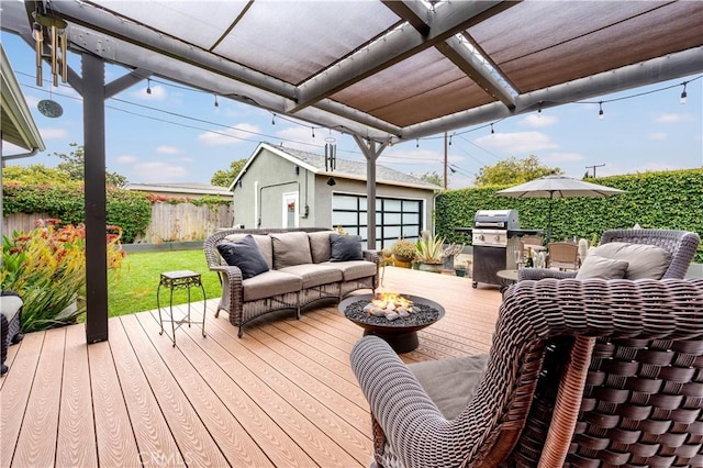 6320 E Los Santos Dr, Long Beach, CA 90815 - wooden deck with an outdoor living space with a fire pit, an outdoor structure, a pergola, and grilling area