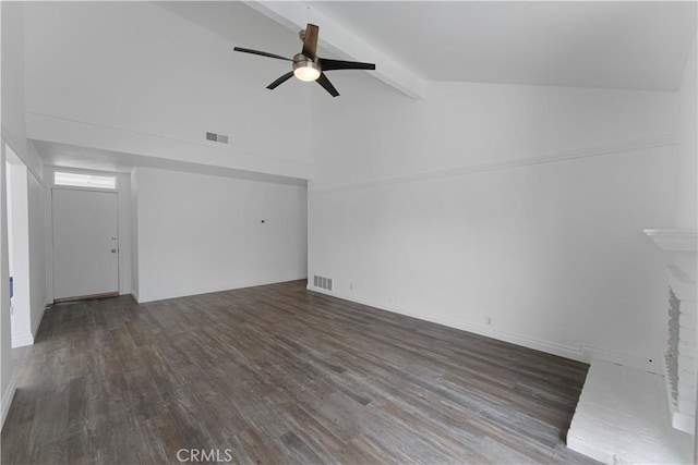 4252 Brookside St, Irvine, CA 92604 - unfurnished living room featuring wood finished floors, ceiling fan, beamed ceiling, high vaulted ceiling, and baseboards