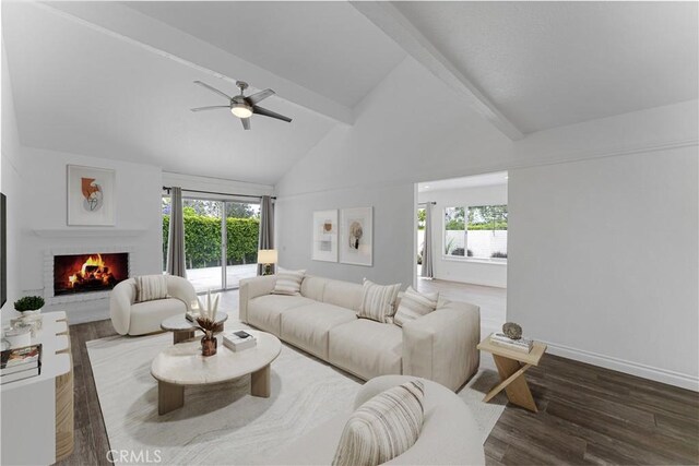 4252 Brookside St, Irvine, CA 92604 - living area with beamed ceiling, healthy amount of natural light, wood finished floors, ceiling fan, and a fireplace