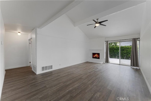 4252 Brookside St, Irvine, CA 92604 - unfurnished living room with beamed ceiling, a ceiling fan, wood finished floors, a lit fireplace, and baseboards