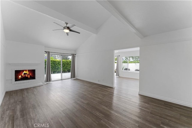4252 Brookside St, Irvine, CA 92604 - unfurnished living room with plenty of natural light, a brick fireplace, a ceiling fan, beamed ceiling, and dark wood-style floors