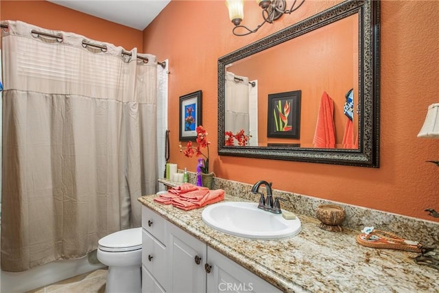 2012 Melbourne Cir, Banning, CA 92220 - full bathroom with vanity, toilet, a textured wall, tile patterned floors, and shower / bath combination with curtain