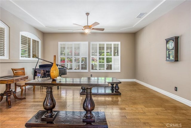 2012 Melbourne Cir, Banning, CA 92220 - office with a ceiling fan, baseboards, and hardwood / wood-style floors