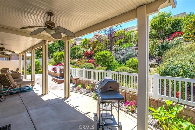 2012 Melbourne Cir, Banning, CA 92220 - view of patio / terrace with ceiling fan, an outdoor hangout area, and a grill