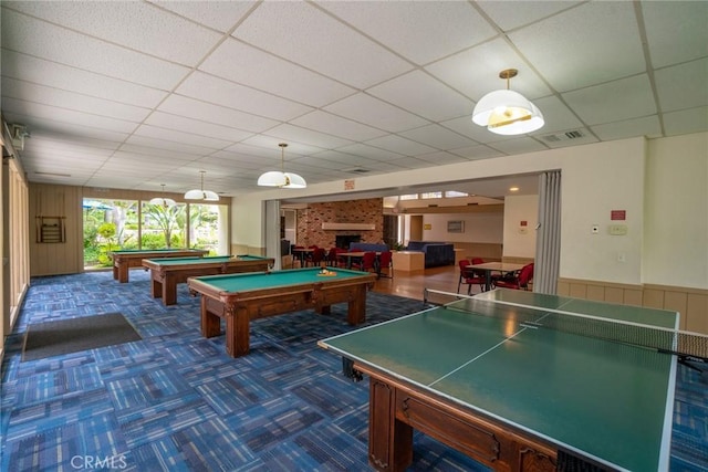 3605 W Hidden Ln Unit 112, Rolling Hills Estates, CA 90274 - game room featuring billiards table, a paneled ceiling, carpet floors, and a fireplace