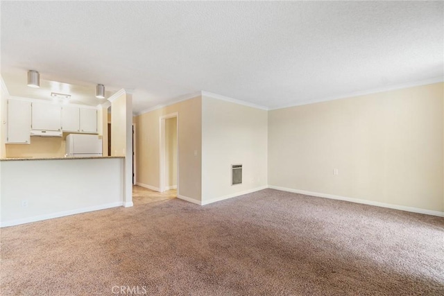 3605 W Hidden Ln Unit 112, Rolling Hills Estates, CA 90274 - unfurnished living room featuring ornamental molding, light colored carpet, heating unit, baseboards, and a textured ceiling