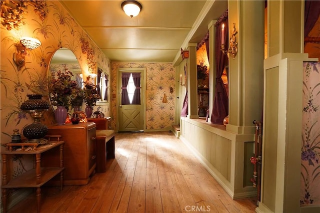 26335 Forest Ln, Twin Peaks, CA 92391 - entryway with wallpapered walls and wood-type flooring