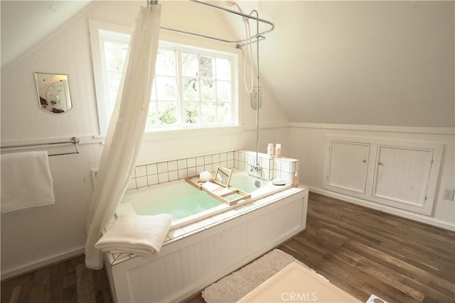 26335 Forest Ln, Twin Peaks, CA 92391 - full bathroom featuring vaulted ceiling, wood finished floors, and  shower combination