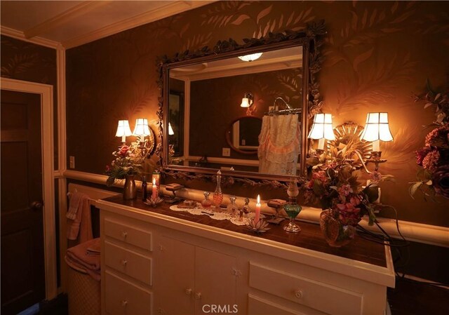 26335 Forest Ln, Twin Peaks, CA 92391 - bathroom with wallpapered walls, ornamental molding, and vanity