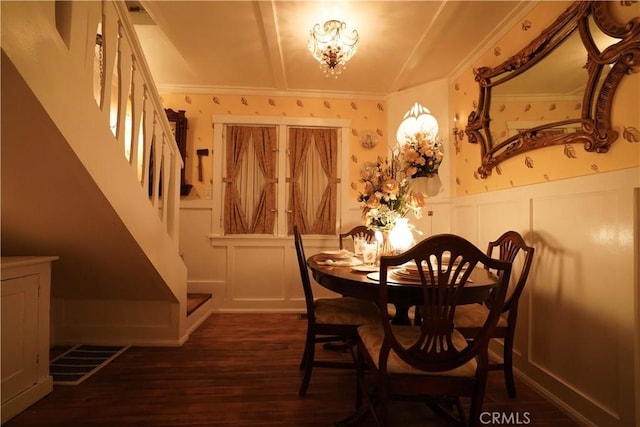 26335 Forest Ln, Twin Peaks, CA 92391 - dining area featuring stairway, a decorative wall, ornamental molding, dark wood-style floors, and wainscoting