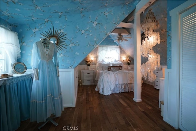 26335 Forest Ln, Twin Peaks, CA 92391 - bedroom featuring wallpapered walls, hardwood / wood-style floors, and a wainscoted wall