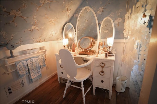 26335 Forest Ln, Twin Peaks, CA 92391 - office with wallpapered walls, wainscoting, and wood-type flooring