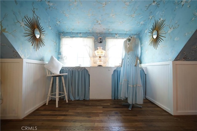 26335 Forest Ln, Twin Peaks, CA 92391 - additional living space with wallpapered walls, wainscoting, and hardwood / wood-style flooring