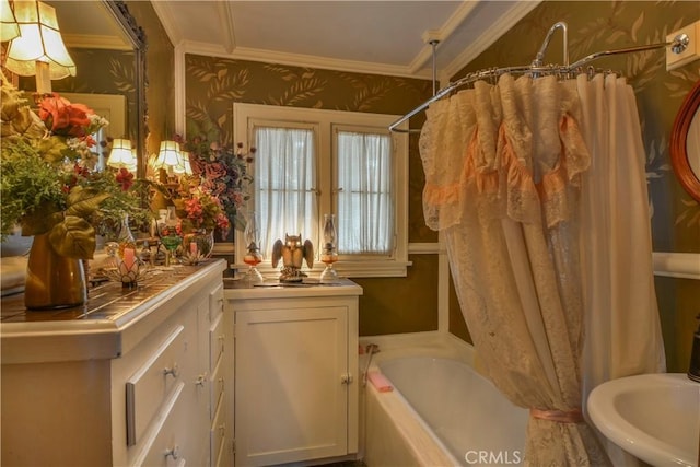 26335 Forest Ln, Twin Peaks, CA 92391 - full bath with ornamental molding, a bathtub, wallpapered walls, a shower with shower curtain, and vanity