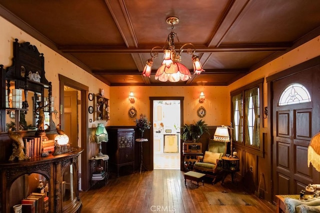 26335 Forest Ln, Twin Peaks, CA 92391 - entrance foyer featuring a chandelier, coffered ceiling, hardwood / wood-style flooring, and beam ceiling