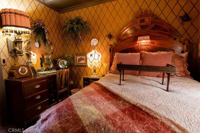 26335 Forest Ln, Twin Peaks, CA 92391 - bedroom featuring wallpapered walls and ornamental molding