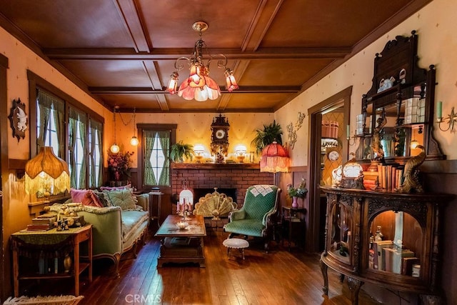 26335 Forest Ln, Twin Peaks, CA 92391 - living area with hardwood / wood-style floors, coffered ceiling, a chandelier, a wainscoted wall, and beam ceiling