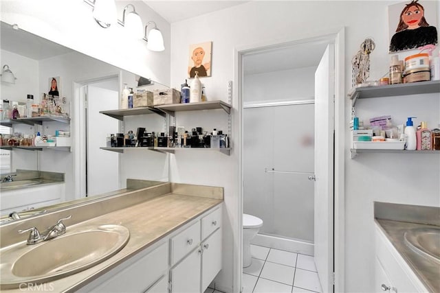 16229 Lake View Ln, Apple Valley, CA 92307 - bathroom with vanity, tile patterned floors, toilet, and a shower stall
