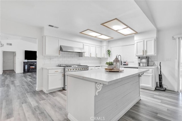 16229 Lake View Ln, Apple Valley, CA 92307 - kitchen featuring exhaust hood, high end stainless steel range, and white cabinets