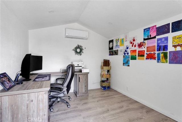 16229 Lake View Ln, Apple Valley, CA 92307 - office with a wall mounted air conditioner, vaulted ceiling, wood finished floors, and baseboards