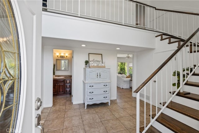 4354 Avenida Prado, Thousand Oaks, CA 91360 - entrance foyer featuring stairway, light tile patterned floors, baseboards, and recessed lighting