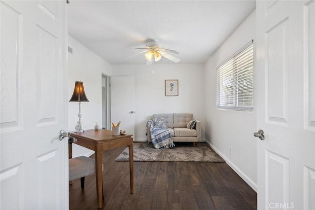 4354 Avenida Prado, Thousand Oaks, CA 91360 - home office with dark wood-style floors, a ceiling fan, and baseboards