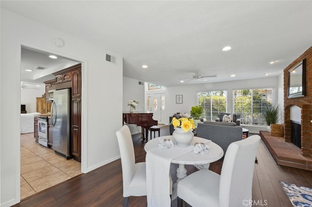 4354 Avenida Prado, Thousand Oaks, CA 91360 - dining area featuring a brick fireplace, ceiling fan, wood finished floors, baseboards, and recessed lighting
