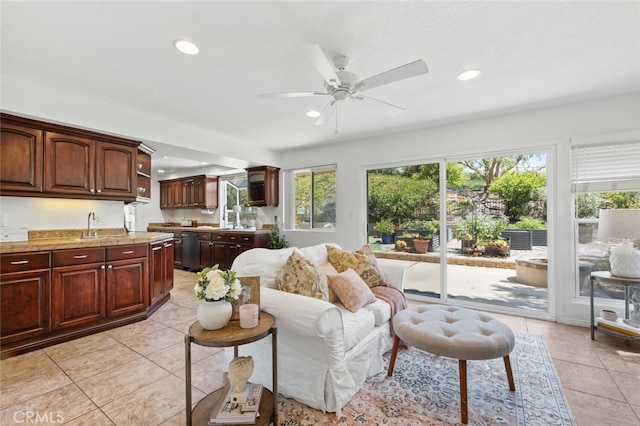 4354 Avenida Prado, Thousand Oaks, CA 91360 - living room featuring light tile patterned floors, recessed lighting, ceiling fan, and bar area