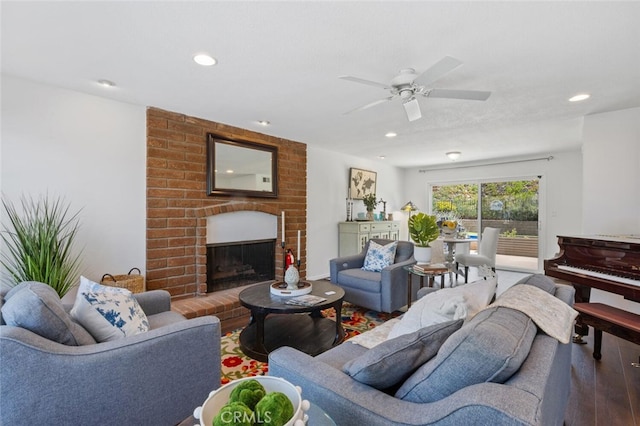 4354 Avenida Prado, Thousand Oaks, CA 91360 - living room with wood finished floors, a ceiling fan, recessed lighting, and a brick fireplace