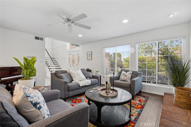 4354 Avenida Prado, Thousand Oaks, CA 91360 - living area featuring stairs, a ceiling fan, recessed lighting, and wood finished floors